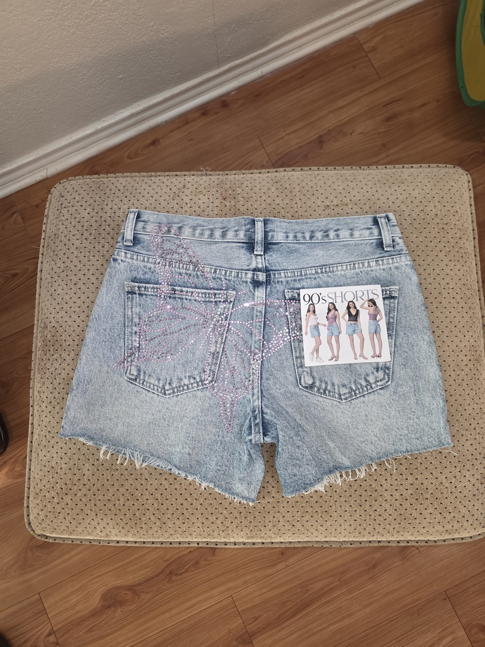 Light Wash Denim Jean Shorts with Pink Crystal Butterfly Embellishment